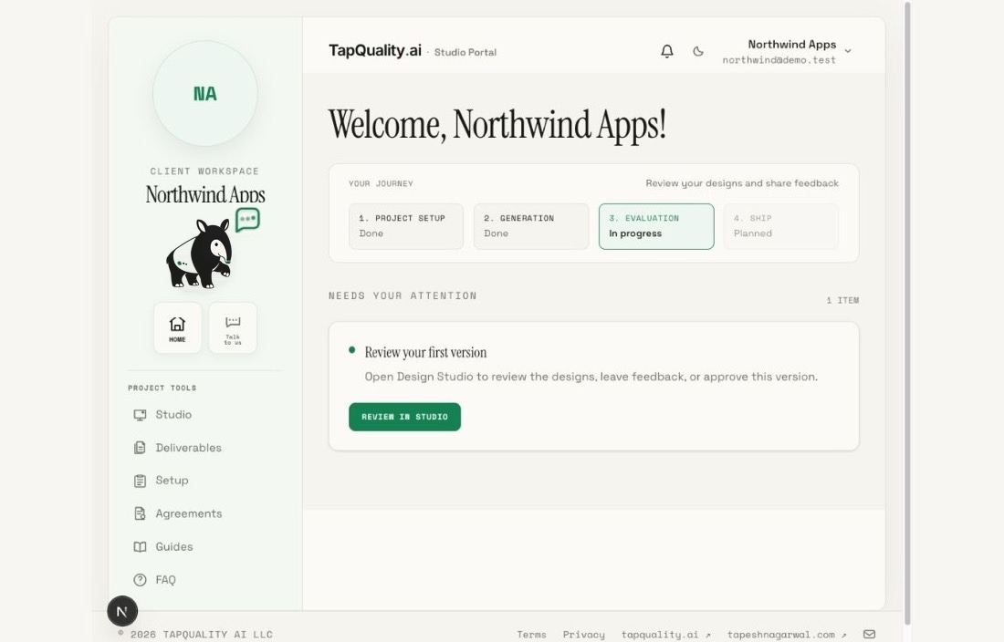 Studio Portal — the Northwind Apps demo client workspace: rail navigation, project journey, and deliverables in view